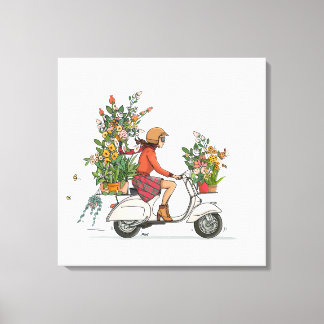 Vespa Scooter meisje met bloemen Canvastryck