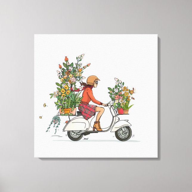 Vespa Scooter meisje met bloemen Canvastryck (Framsida)