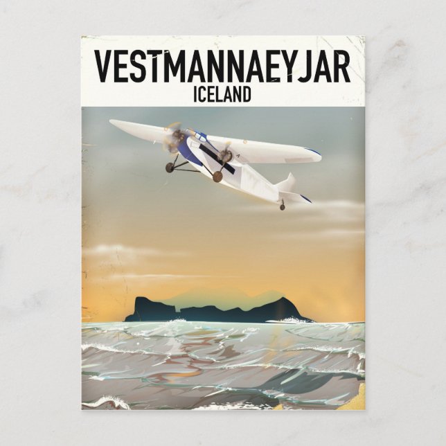 Vestmannaeyjar Island reseposter. Vykort (Framsida)