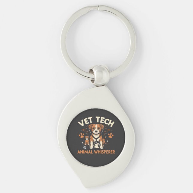Vet Tech Animal Whisperer Cute Puppy Stethoscope Swirl Silverfärgad Nyckelring (Framsidan)