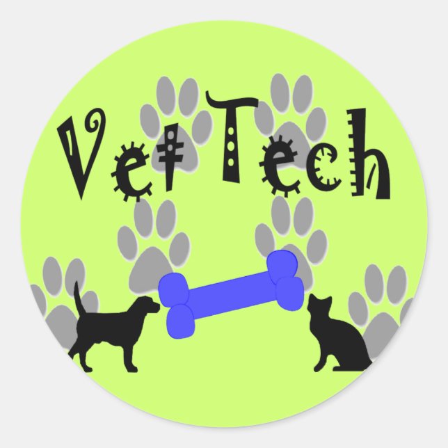 Vet TECH with Hund Bone Runt Klistermärke (Framsida)