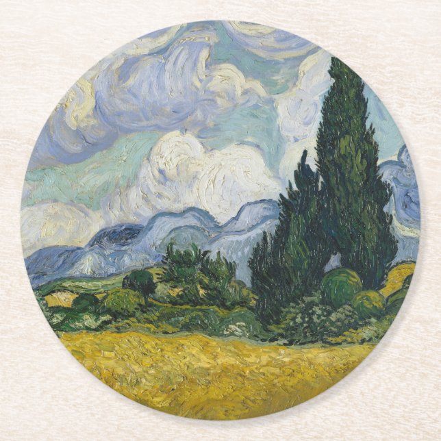 Vete fält med cypresser, Oljemålning, Van Gogh Underlägg Papper Rund (Framsidan)