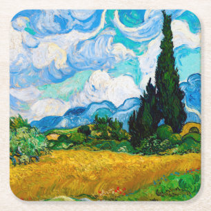 Vete Fält med kypresser, Van Gogh Underlägg Papper Kvadrat