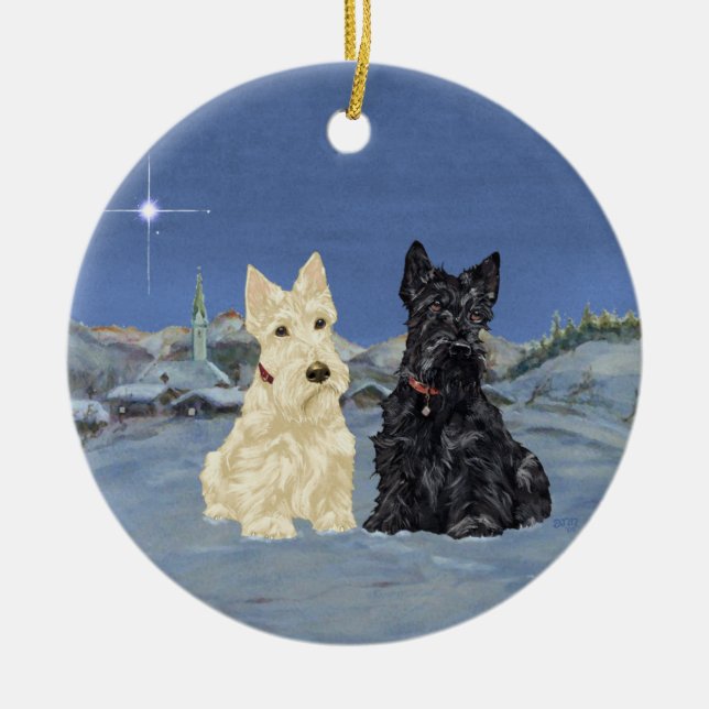 Vete Svarta Scotties Jul Julgransprydnad Keramik (Framsidan)