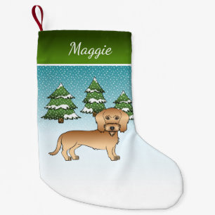 Vete Trådhårig Dachshund I En Vinter Skog Liten Julstrumpa