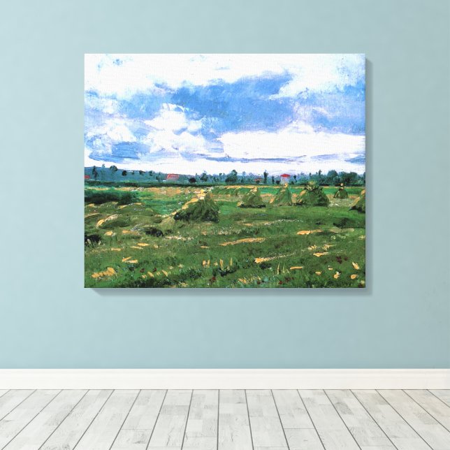 Veteåkrar med höstackar av Vincent van Gogh Canvastryck (Insitu (trägolv))