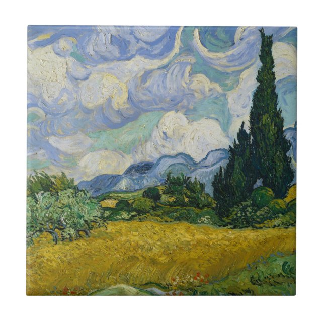 Vetefält med Cypresses av Vincent Van Gogh Kakelplatta (Framsidan)