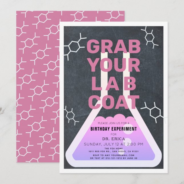 Vetenskaplig experimentdagstidning Chalkboard Girl Inbjudningar (Fram/baksida)