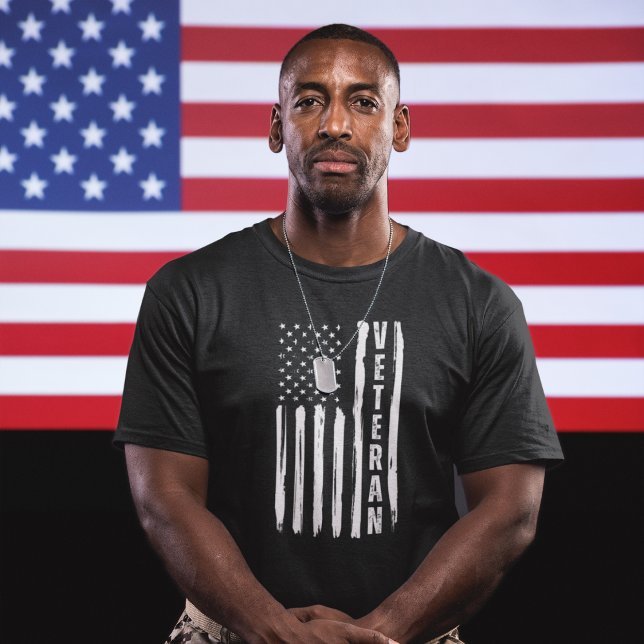 Veteran Patriotic Vintage American Flagga T-Shirt (Veteran with patriotic flag on shirt. Available in multiple colors and products. )