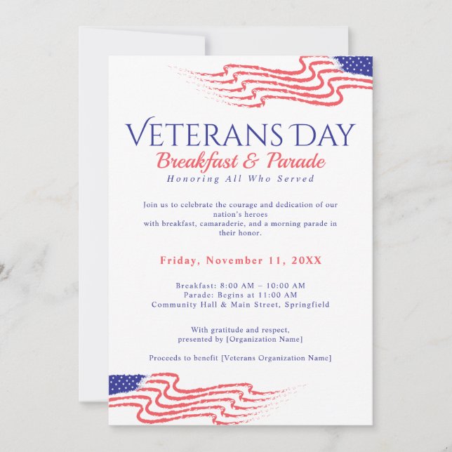 Veterandagen Frukost Parad Patriotisk Inbjudningar (Framsida)
