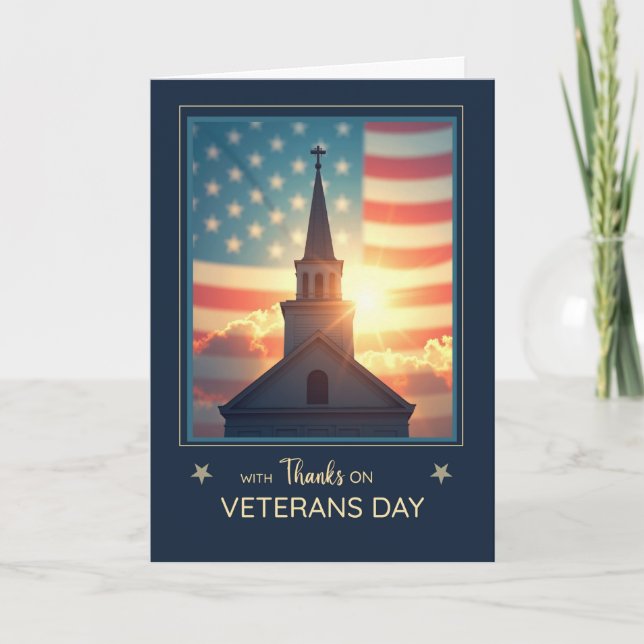Veterandagen religiösa tack kyrktorn flagga kort (Framsida)