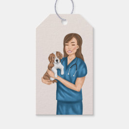 Veterinär husdjursdjur läkare veterinärflicka med presentetikett