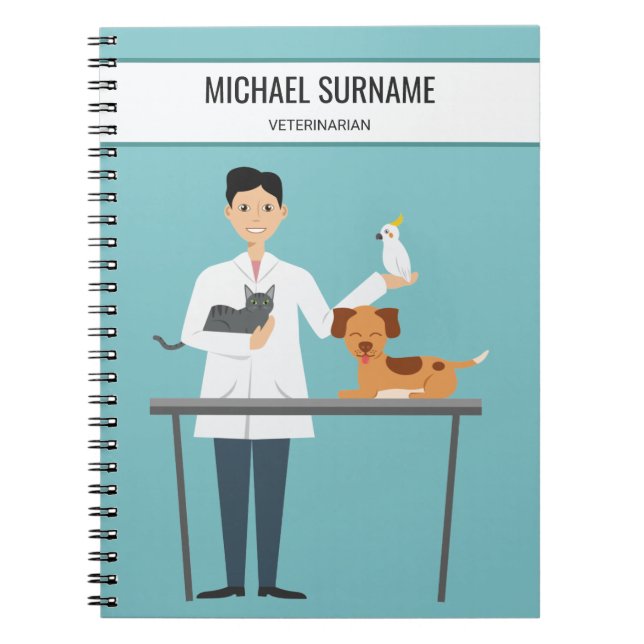 Veterinär man med djur & anpassad text anteckningsbok (Framsidan)