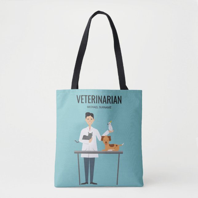 Veterinär man med djur och anpassad text tygkasse (Framsida)