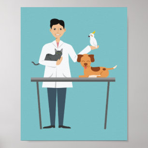 Veterinär man på blå bakgrund med djur illustratio poster
