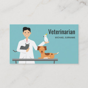 Veterinär man på blå bakgrund med djur illustratio visitkort
