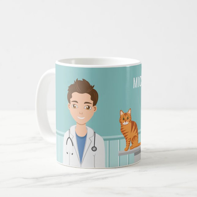 Veterinär Man Vet Djur Doktor Och Anpassat Namn Kaffemugg (Framsida vänster)
