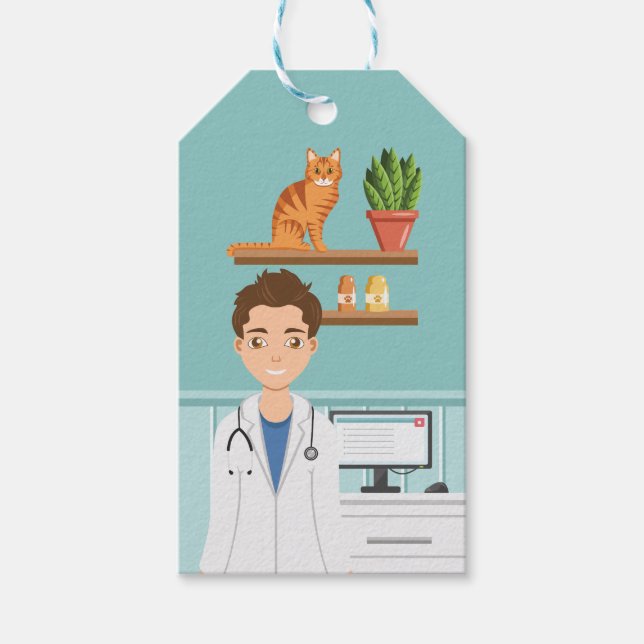 Veterinär man vet Guy med Orange Cat Blue Presentetikett (Framsidan)