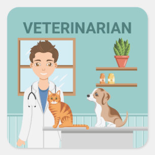 Veterinär Man Vet Klinik Djur Sjukhus Blå Fyrkantigt Klistermärke