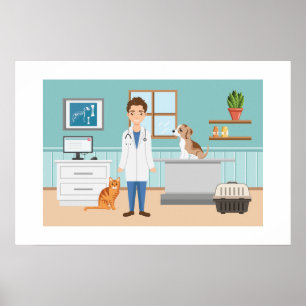 Veterinär Rum Djurläkare Med Valp Och Katt Poster
