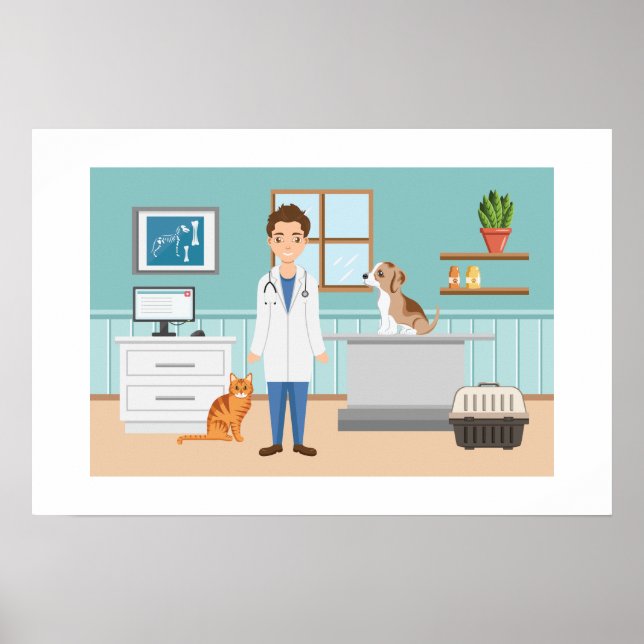 Veterinär Rum Djurläkare Med Valp Och Katt Poster (Framsidan)