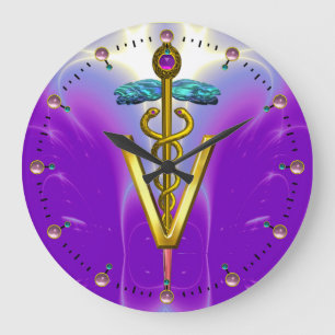 VETERINÄR- SYMBOL för GULD- CADUCEUS/blåttlilor Stor Klocka