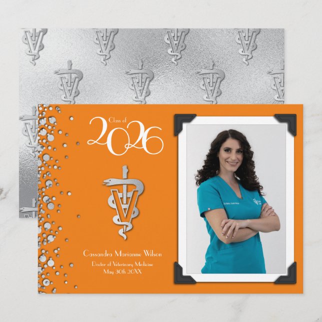 Veterinarian Graduation Orange Silver Announcement Inbjudningar (Fram/baksida)