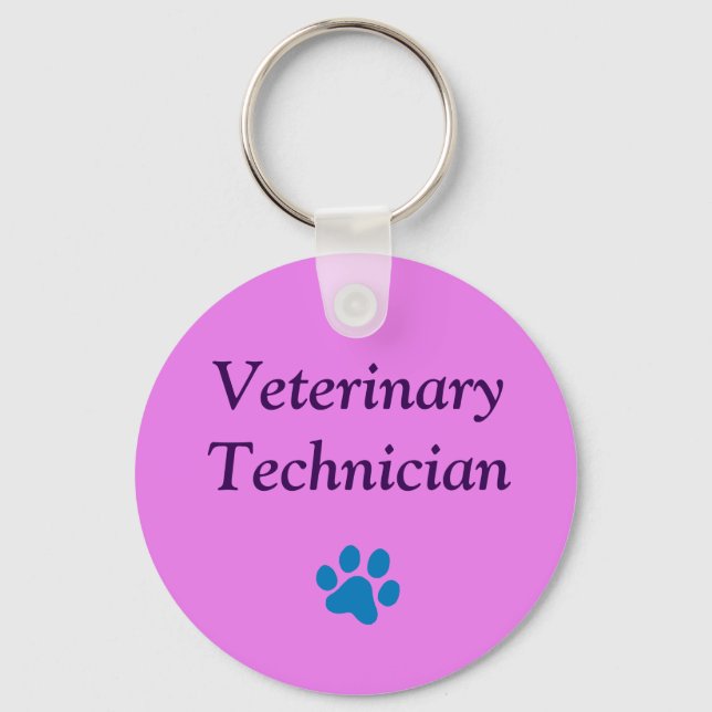 Veterinärtekniker/Blå tassavtryck/Rosa Nyckelring (Framsida)