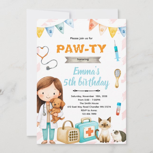Veterinary birthday theme party invitation inbjudningar (Framsida)