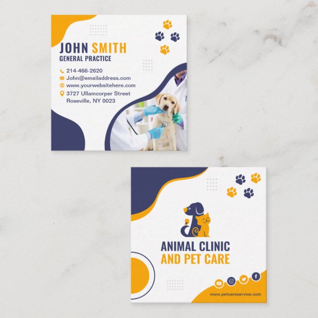 Veterinary Clinic, Djuromsorg, Vet, Animal Doktor Fyrkantigt Visitkort (Fram/baksida)