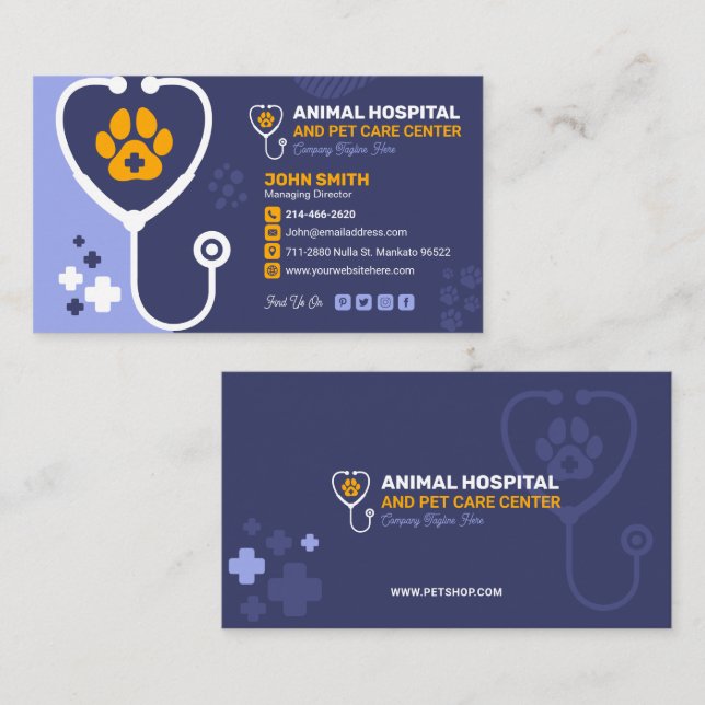 Veterinary Clinic, Djuromsorg, Vet, Animal Doktor Visitkort (Fram/baksida)