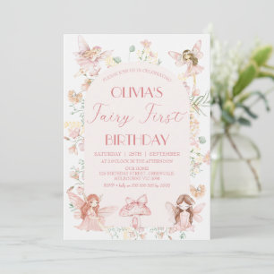 Vettig Rosa Fairy First Birthday 1 Birthday Inbjudningar