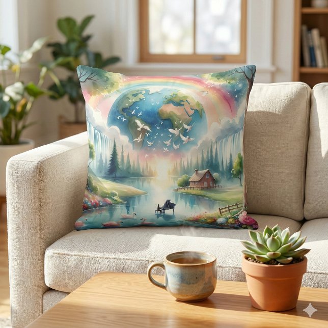 Vettigt regnbåge - Fantasyscen Kudde (Whimsical Rainbow Earth Fantasy Scene Throw Pillow Mockup A)