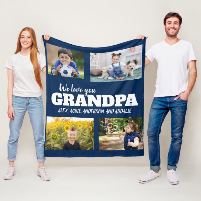 Vi älskar dig farfar Navy Blue 4 Foto Barn Familj Fleecefilt (På plats)