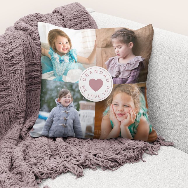 Vi älskar dig farfar Söt rosa hjärta  Fotokollekti Kudde (Cute custom photo collage "Grandad We Love You" throw pillow.)