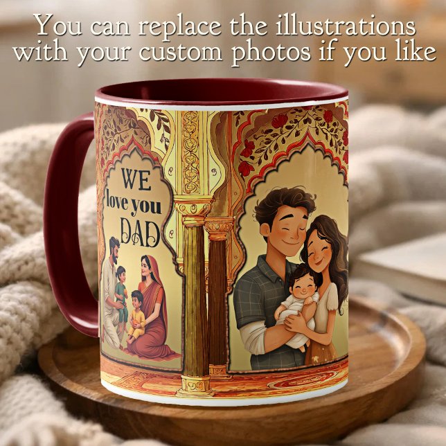 Vi älskar dig lycklig pappa indisk familjefoto kaffemugg (Indian family photo illustrated Father's day Best Dad Ever celebration mug)