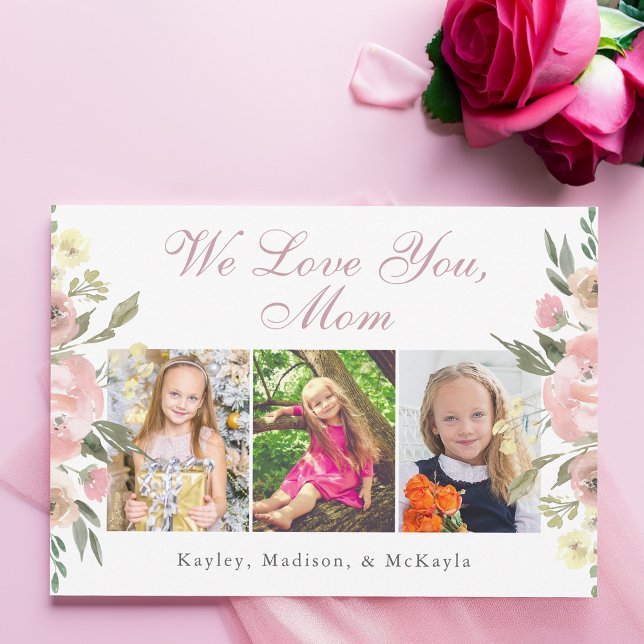 Vi älskar dig mamma rosa blommig mors dag foto kort (Skapare uppladdad)