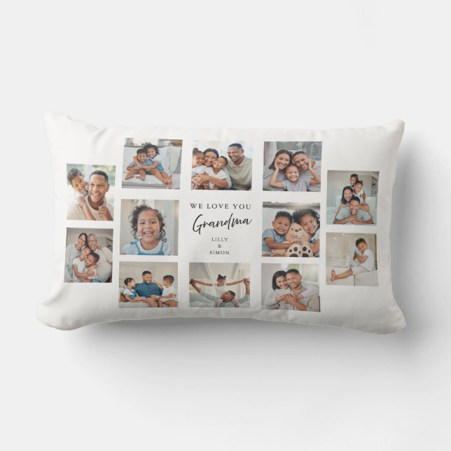 Vi älskar dig Mormor 12 Familjefoto Collage Grid Lumbarkudde (Framsida)