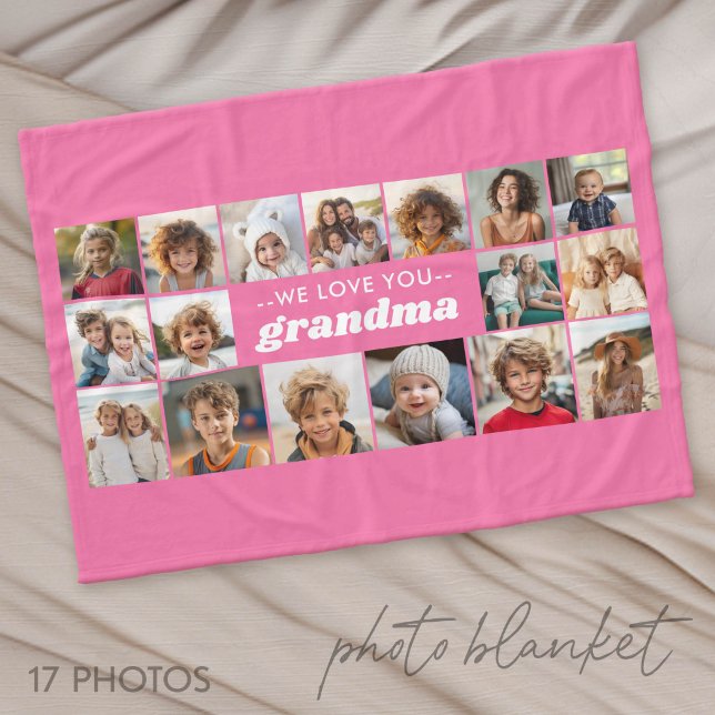 Vi älskar dig mormor - 17 fotokollage fleecefilt (Photo Blanket - Personalize with Your Photos)