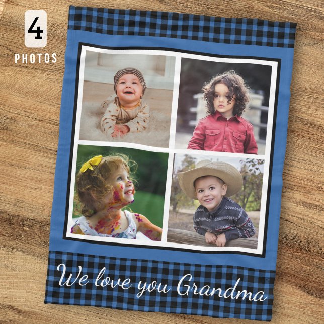 Vi älskar dig mormor 4 Fotokollage Blå Plaid  Fleecefilt (Skapare uppladdad)