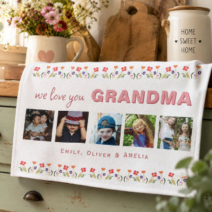 Vi älskar dig Mormor Blommor 5 Fotos Minnessak Kökshandduk