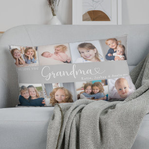 Vi älskar dig mormor fotokollage hjärtskrift lumbarkudde