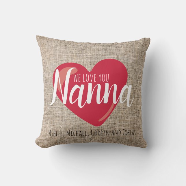 Vi älskar dig Nanna Falskt Burlap Rött Hjärtas Anp Kudde (Framsida)