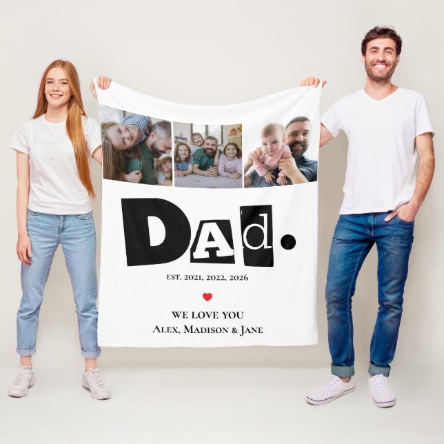 Vi älskar dig Pappa 3 Barn Foto Collage Namn Hjärt Fleecefilt (På plats)