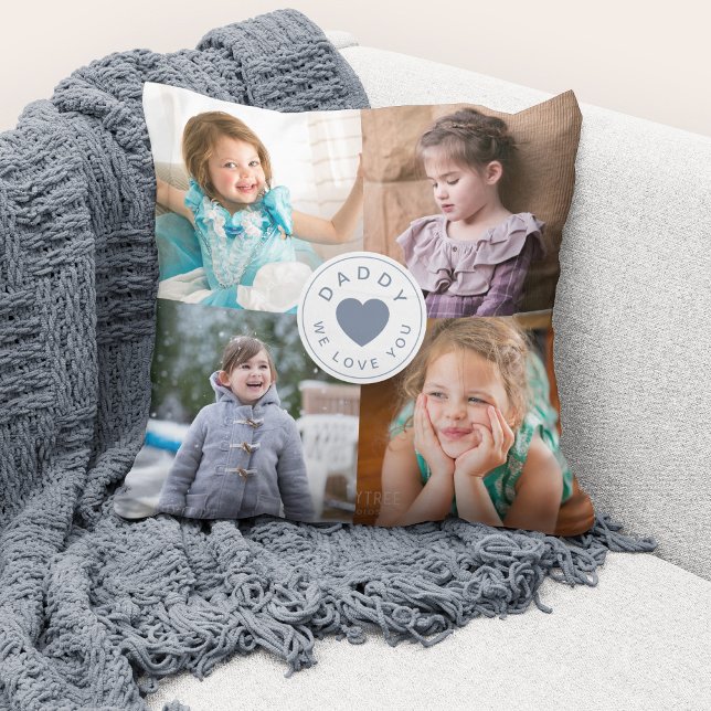 Vi älskar dig Pappa Modernt dammigt blått hjärta 4 Kudde (Cute custom photo collage "Daddy We Love You" throw pillow.)