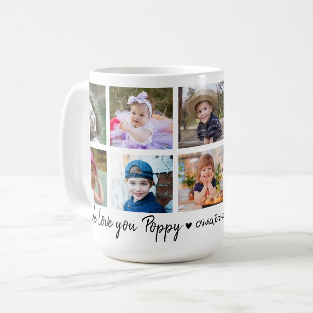 Vi älskar dig Poppy barnbarns namn 10 fotokollage Kaffemugg (Framsida vänster)