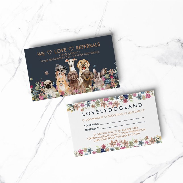 Vi älskar hänvisningar Blommig hundtryck Visitkort (pet animal dog cat veterinary farm)