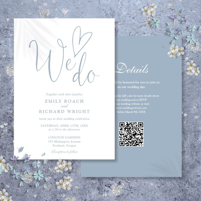 Vi älskar Heart QR Code Dammtorblue Bröllop Inbjudningar (We Do Love Heart QR Code Dusty Blue Wedding Invitation)