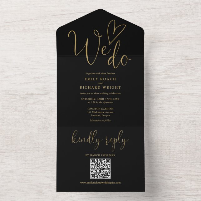 Vi älskar Heart QR-kod Svart och Guld Bröllop (Insida)