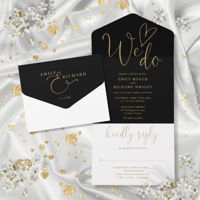 Vi älskar Heart Script Svart och Guld Bröllop (We Do Love Heart Script Black And Gold Wedding All In One Invitation)